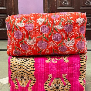 Pink Tiger Print Quilted Cosmetic Bag Large Bohemian Style Textile Zipper Closure Multi-Function Organizer - Product Image 6