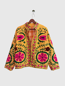 Yellow Zippers Embroidered Floral Velvet Quilted Jacket Full Sleeve Mandarin Collar Bohemian Women'<b>s</b> Spring Wear - Product Image 1