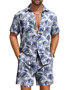 Ensemble chemise et short pour homme, imprimé tropical bleu, manches courtes, boutonné, style hawaïen, tenue de plage estivale en deux pièces - Product Image 2