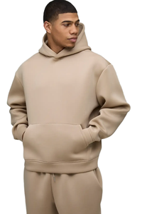 Ensemble de survêtement beige à capuche pour homme, coupe ample, manches longues, sweat-shirt et pantalon décontractés, couleur unie, poches latérales, fermeture à cordon - Product Image 6