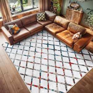 พรมปูพื้นลายเรขาคณิตพรมขนสัตว์ทอมือแบบทันสมัยพรมลายตารางหมากรุกสำหรับห้องนั่งเล่นห้องนอน - Product Image 1
