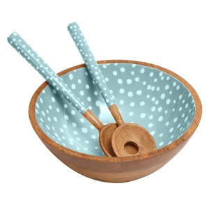 Bol en bois fait main avec intérieur à pois bleus, style nordique, pour la présentation des aliments, bol à salade ou à en-cas avec émail. - Product Image 2