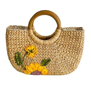 Handmade Natural Rattan <b>Clutch</b> <b>Bag</b> Mini Bucket <b>Bag</b> Canvas Cotton Lining Zipper Closure Letter Water Hyacinth Beach <b>Bag</b> - Product Image 1