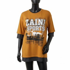 T-shirt surdimensionné double couche en coton riche pour femme, couleur moutarde, avec ourlet personnalisé et logo thermocollé - Product Image 1
