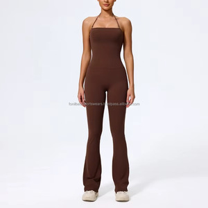Solid Color Flared Leg Bodysuit Women's Activewear Sleeveless Full Length Yoga <b>Jumpsuit</b> Mid Waist Square Neck Front 2-Piece Set - Product Image 3