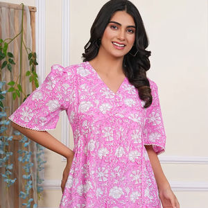 Blusa Corta Bohemia Floral con Estampado a Mano 100% Algodón Étnico Indio, Corte en A, para Mujer, Informal, para Fiestas, Cintura Natural - Product Image 1