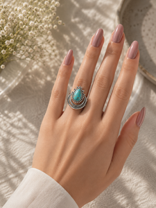 Anillo de Plata de Ley 925 con Turquesa Genuina en Forma de Luna Creciente, Joyería Bohemia con Piedras Preciosas para Mujer - Product Image 1