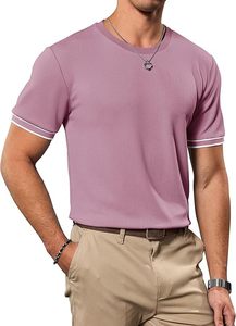 T-shirt pour homme à manches courtes, coupe ajustée, couleur unie, col rond, en coton tricoté, vêtement décontracté, design à bordure contrastée - Product Image 4
