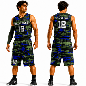 Custom Basketball Uniform Set Camouflage Print Sublimated Jersey Shorts Men's Athletic Wear Moisture Wicking All Seasons - Product Image 1