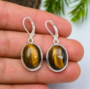 Boucles d'oreilles pendantes ovales en pierre naturelle œil de tigre, plaquées argent 925, faites à la main, pour femmes - Product Image 2