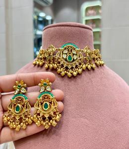 Ensemble collier ras-de-cou et boucles d'oreilles classiques en laiton plaqué or avec moissanite pour femme, cadeau de mariage - Product Image 2