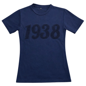 T-shirt bleu marine à col rond, logo imprimé floqué, décontracté pour femme, manches courtes, 100% coton jersey, coupe classique, adultes - Product Image 1