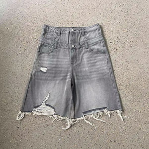 Shorts Bermuda en jean déchiré taille haute pour homme, style décontracté, délavé uni, braguette boutonnée, ourlet effiloché - Product Image 1