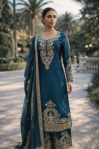 Ensemble Salwar Kameez en Soie Bleu Turquoise de Créateur 2026 avec Broderie Zari Dorée, Tenue de Mariage et de Fête Ethnique, Kurta, Pantalon Palazzo à Jambes Larges et Dupatta pour l'Aïd - Product Image 2
