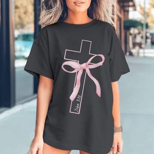 Camiseta de Algodón 100% Transpirable de Manga Larga con Gráfico de Lazo Rosa Oversize para Mujer FOXA Christian Cross, Top de Fe Juan 3:16 - Product Image 2
