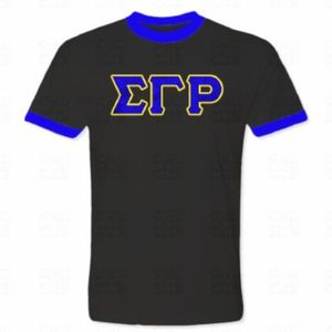 เสื้อยืดคอกลม Sigma Gamma Rho ผ้าซาติน แต่งขอบตัดสี  สำหรับสตรีชมรมพี่น้องกรีก สีน้ำเงิน เหลือง ดำ  แบบสั่งทำพิเศษ - Product Image 1