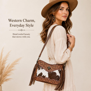 Bolso bandolera de cuero de vaca con pelo, hecho a mano, estilo western, con flecos y adornos florales tallados a mano, para mujer. - Product Image 2