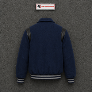 Blouson universitaire bleu marine élégant pour homme, épaules en cuir et poignets côtelés, style preppy, coupe classique, col rabattu, simple boutonnage - Product Image 5