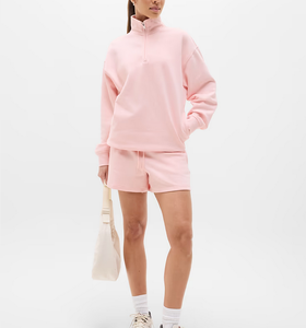 OEM Custom Logo 1/4 <b>Zip</b> Collar Women's Sweatshirt and Short Set Pullover Oversized for Autumn Winter 320 GSM Fleece Cotton/Poly - Product Image 4