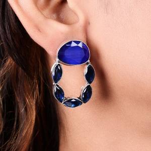 Pendientes Colgantes Boho Tribales de Latón para Mujer con Topacio Azul Rey, Chapados en Plata Antigua, Joyería de Declaración para Aniversario de Amantes - Product Image 2