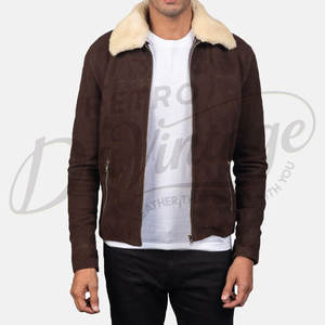 Veste en daim marron pour homme de qualité supérieure avec col en fausse fourrure crème, manteau bomber chaud d'hiver, coupe ajustée, vêtement d'extérieur en daim décontracté - Product Image 1