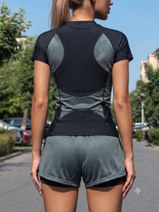 Ensemble sportif 2 pièces pour femme, haute élasticité, manches courtes, col rond, short en maille respirant, tricoté en Spandex et Polyester, collection Printemps - Product Image 3