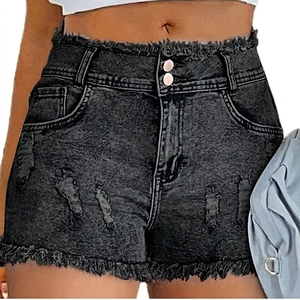 Women's <b>High</b> <b>Waist</b> Distressed Denim <b>Shorts</b> With Button Closure Frayed Hem Summer Casual Style - Product Image 1