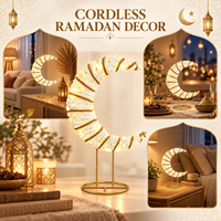 Lampe de table LED en forme de croissant de lune en corde de coton tissée à la main, support en métal doré, lumière lunaire bohème, éclat chaud, décoration de maison pour le Ramadan, petite et durable