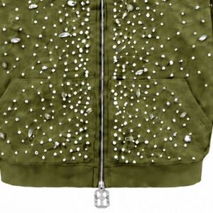Sudadera con Capucha Verde Oliva con Cierre Completo, Chaqueta de Streetwear con Cristales Brillantes, Sudadera con Capucha de Manga Larga con Bolsillo Frontal - Product Image 5