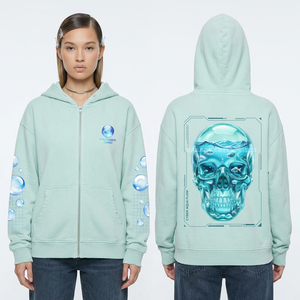 Women 500GSM <b>White</b> <b>Zip</b> <b>Up</b> Hoodie Heavyweight Fleece Lace Patchwork Halo Print Angel Wing Skull Back Graphic Sweatshirt - Product Image 3