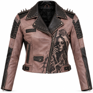 Custom Made Dusty Pink Black Leather Jacket <b>Women</b> Sugar Skull Printed Studded Biker <b>Outerwear</b> OEM ODM Offer Service Provider - Product Image 1