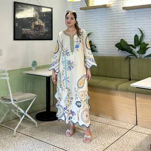Ethnic Women Floor-Length Cotton Kaftan <b>Dress</b> With Hand Drawn Floral Print Loose Fit Summer Casual Wear India Pakistan Style - Product Image 2