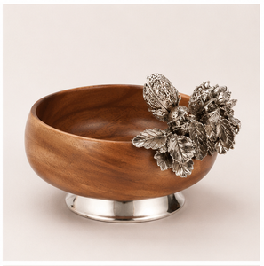 Bol de service en bois d'acacia artisanal de qualité supérieure avec accents floraux décoratifs en étain, élégant centre de table pour fruits secs - Product Image 5