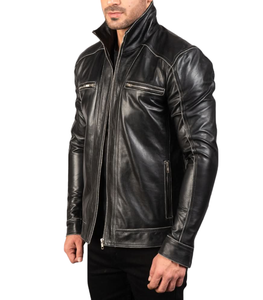 Veste bomber vintage en cuir véritable noir, style streetwear imperméable, en cuir PU, avec détails en acier - Product Image 2