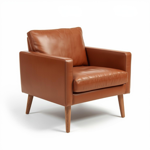 Sillón de Cuero Color Coñac de Estilo Mid-Century con Patas de Madera Maciza, Silla Moderna para Sala de Estar - Product Image 1