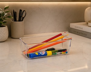 Clear <b>Plastic</b> Rectangle Storage <b>Tray</b> for Desk Organizing Pencils Pens and Office Supplies Minimalist Design Easy to Clean - Product Image 1