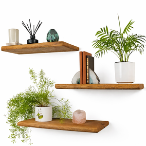 Vintage Wooden <b>Wall</b> <b>Shelving</b> Set of 3 with Lip Floating <b>Shelving</b> for Bathroom Kitchen <b>Bedroom</b> Living Room Wardrobe - Product Image 1