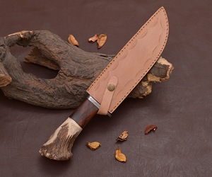 Couteau de chasse Bowie en acier Damas fait main, manche en bois et corne, style Viking, qualité industrielle, lame droite, 14 pouces, fixe, OBM, pour l'extérieur - Product Image 6
