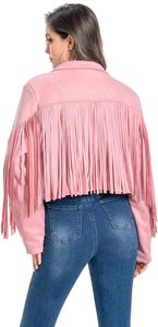 เสื้อแจ็คเก็ตมอเตอร์ไซค์หนังกลับแต่งชายครุยสำหรับผู้หญิง แขนยาว ซิปปิด คอปกพับได้ ความยาวปกติ สีพื้น - Product Image 6
