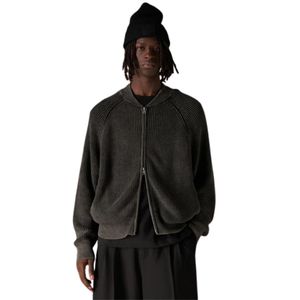 Chaqueta Bomber de Punto Acanalado Negra Lavada para Hombre, Chaqueta Bomber Casual con Cremallera, Puños y Dobladillo Acanalados, Chaqueta de Moda - Product Image 5