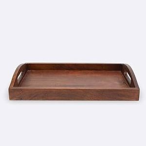 Plateau de rangement rond en bois, design bohème sculpté avec poignées noires pour utilisation sur table, logo gravé sur mesure - Product Image 2