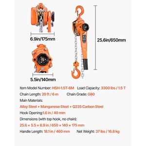 Heavy Duty Manual Lever Chain <b>Hoist</b> 1 1/2T/3300LBS Capacity 20FT Lift G80 Alloy Steel Dual Pawl Mechanic 6m Lifting Height - Product Image 6
