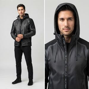 <b>Men</b> Black Gray Hooded Windbreaker <b>Jacket</b> Textured Panel Full Zip Outdoor Sports <b>Running</b> <b>Jacket</b> with Pockets - Product Image 4