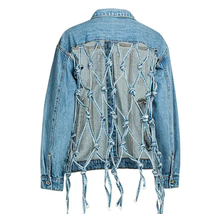 Chaqueta vaquera azul lavado para mujer con cordones en la espalda, detalle de ganchillo, manga larga, cuello vuelto, abrigo de primavera con costuras en contraste - Product Image 5