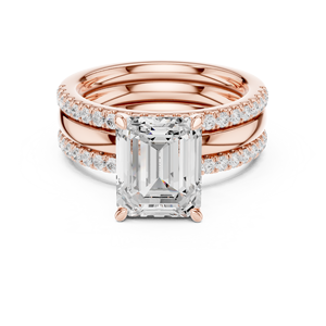Bague de fiançailles en or rose avec diamant de laboratoire, taille émeraude, bande pavée de diamants, ensemble de bagues de mariage de luxe pour femmes, bijoux fins - Product Image 2
