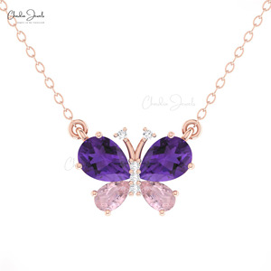 Hot Products 7×5mm Pear Cut Amethyst & Pink Morganite <b>Necklace</b> in 14k Solid Gold with Diamond Butterfly Nature Inspired Jewelry - Product Image 2