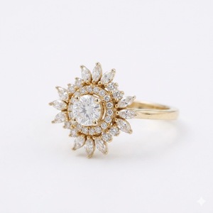 Vintage Art Deco Sunburst Lab Grown <b>Diamond</b> Engagement <b>Ring</b> Solid 14K Gold Double Halo Floral Design Elegant Jewelry For Women - Product Image 4