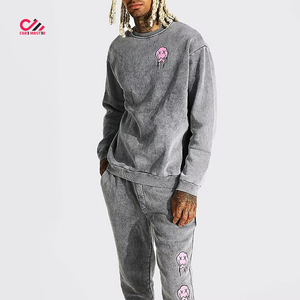 Ensemble de survêtement streetwear personnalisé en molleton de coton, coupe oversize, avec pantalon de survêtement empilé pour homme, effet délavé à l'acide - Product Image 1