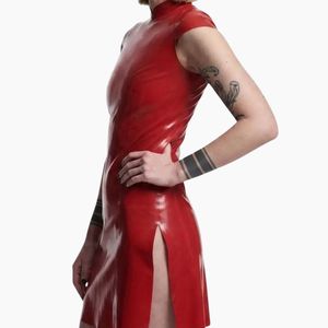 <b>Red</b> PU Bodycon Mini <b>Dress</b> Mandarin Collar Sleeveless High Slit Fitted Sexy Party Wear Solid Color - Product Image 6