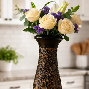 Embossed Floral Wooden <b>Vase</b>: Vintage Style Decorative Flower Holder - Product Image 1